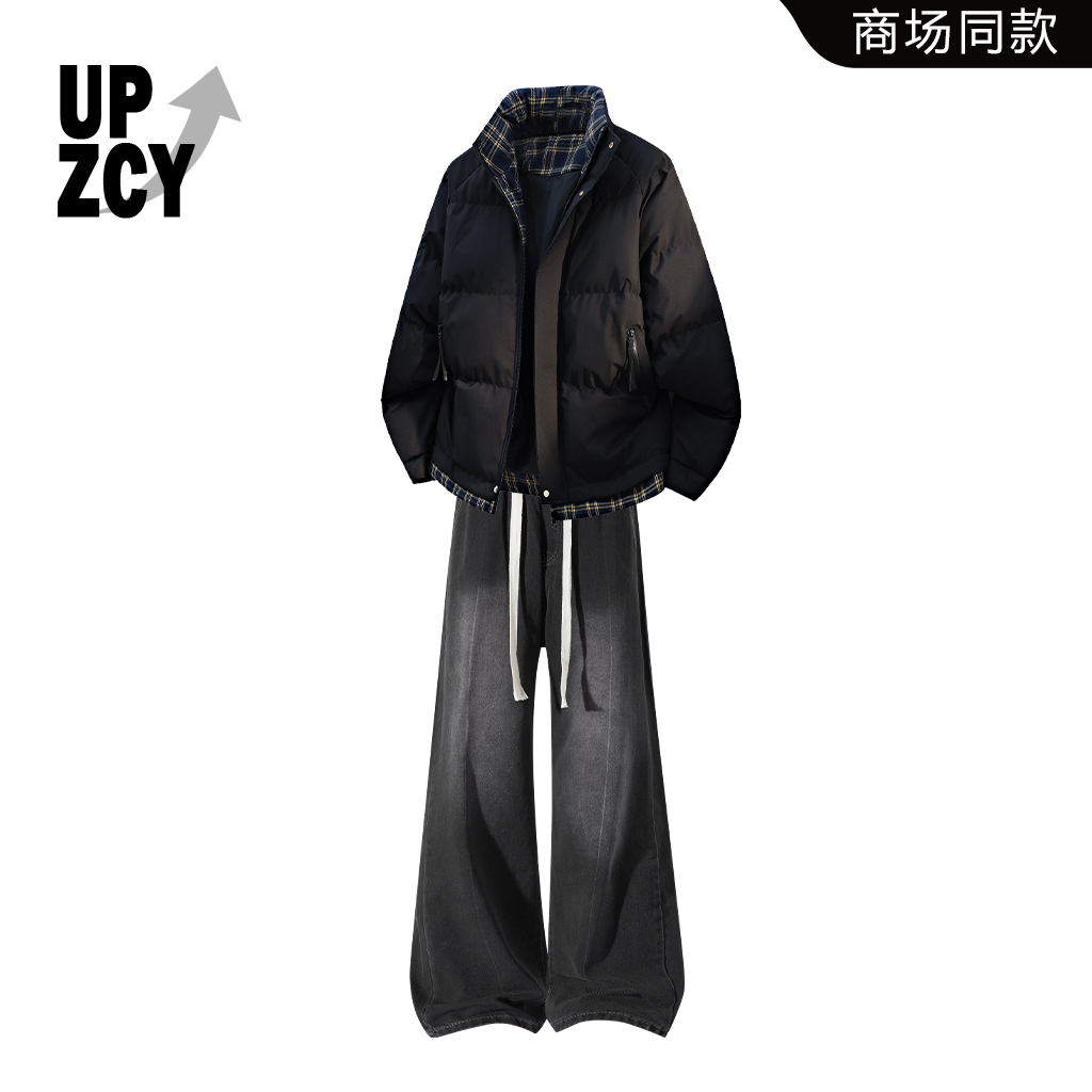 UPZCY美式潮流保暖棉服套装男冬季痞帅百搭水洗做旧牛仔裤两件套