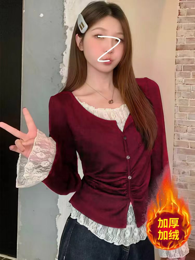 秋冬新款大码女装胖mm遮肉显瘦蕾丝假两件拼接大码T恤长袖甜美风