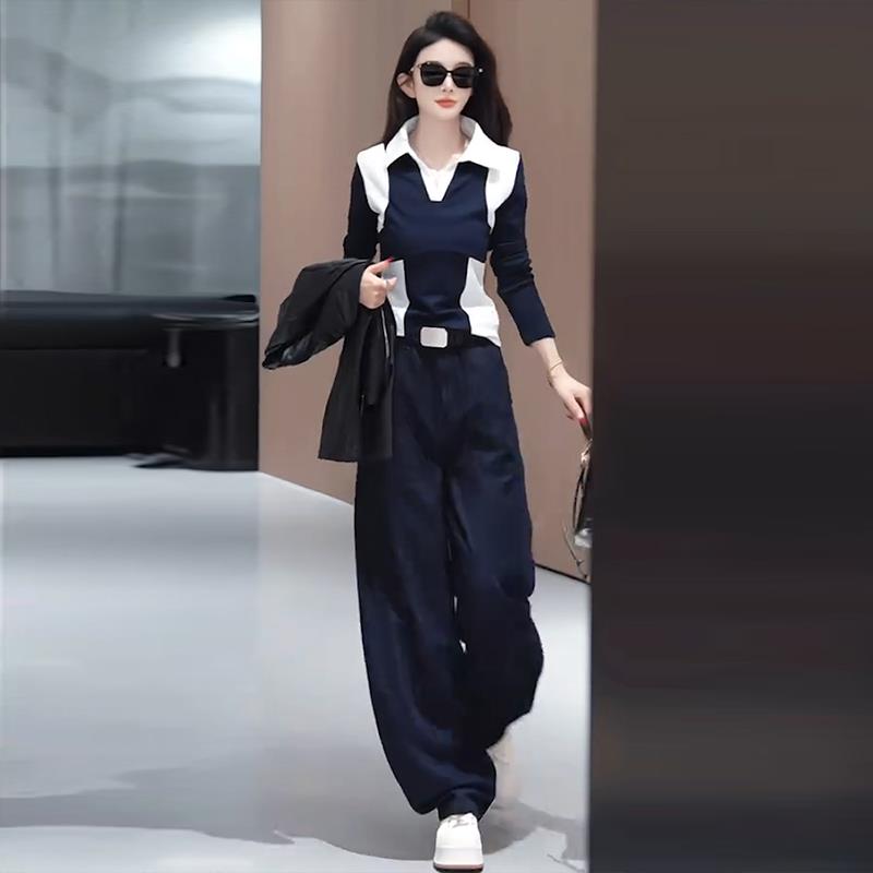 2025春秋季新款女士欧货洋气拼色翻领卫衣宽松百搭阔腿裤两件套装
