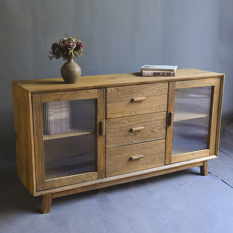 北方老榆木实木餐边柜简约靠墙展示柜钢化玻璃茶水储物柜小户型