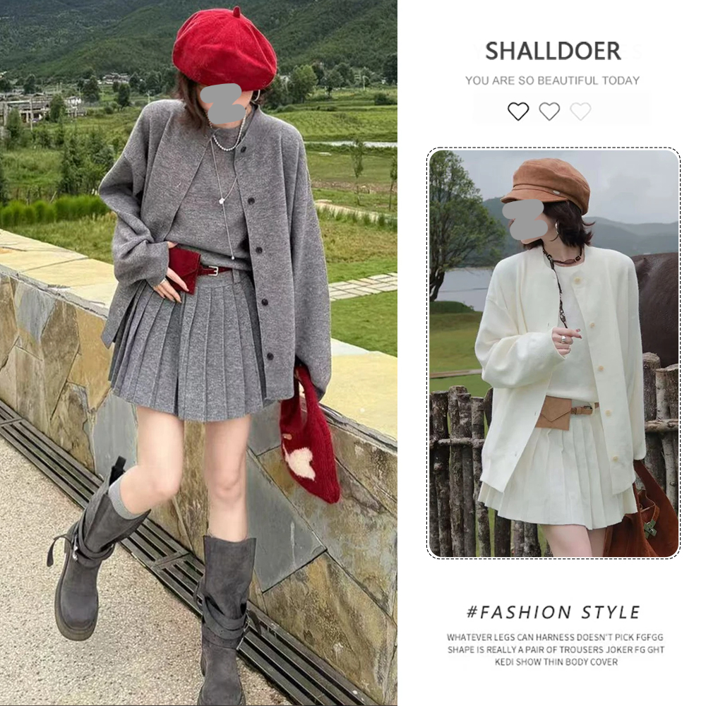 网红洋气炸街套装女2025年春秋新款针织百褶连衣裙开衫外套两件套