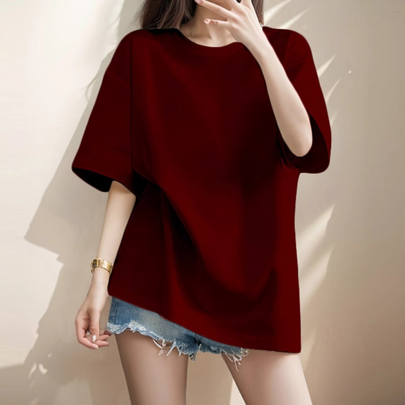 酒红色t恤女短袖宽松纯棉2025新款夏季欧货大版中长纯色百搭上衣