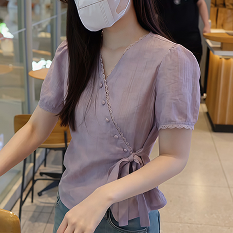 财阀千金女装短袖衬衫女2025年夏季新款设计感斜方扣收腰显瘦上衣