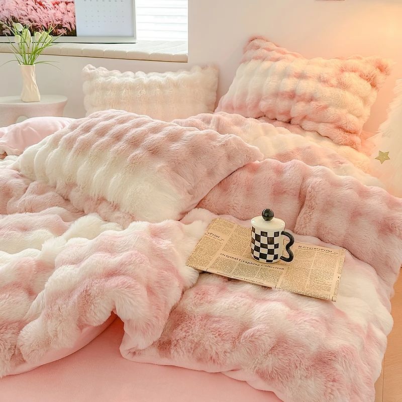 高端类加厚双面保暖托卡斯兔毛绒牛奶绒秋冬被套四件套轻奢床品