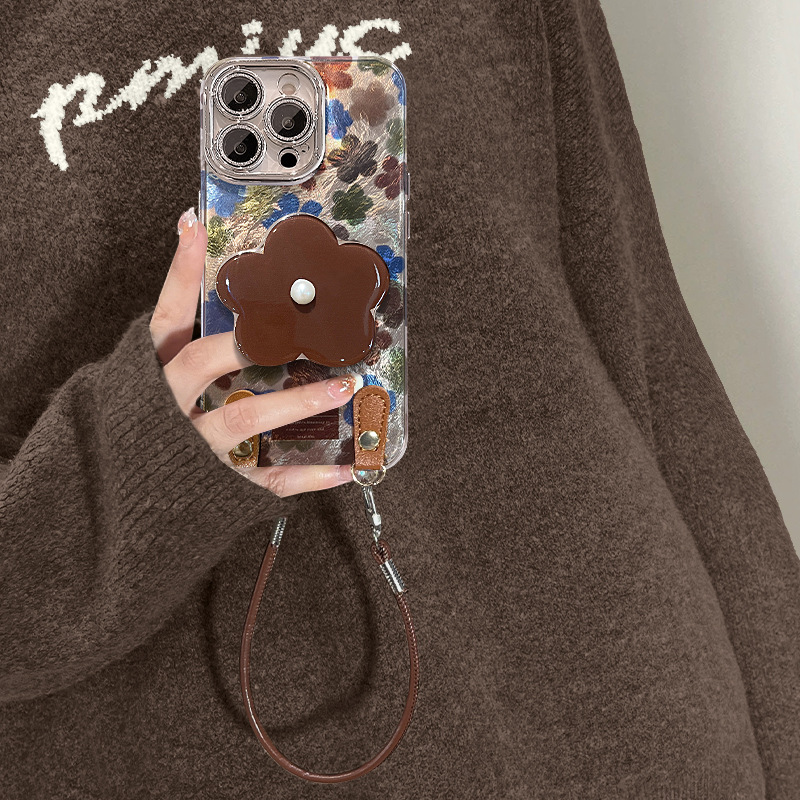 复古花朵支架适用苹果16e手机壳13promax带挂绳15高级感14镜头膜7