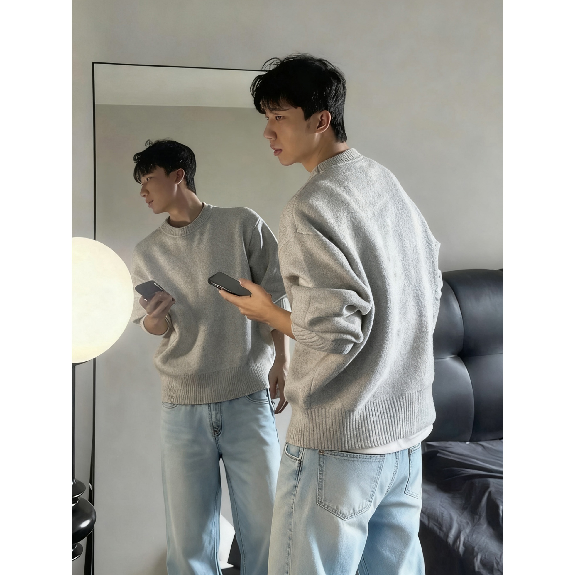 浅灰色重磅圆领毛衣男女秋季松弛慵懒感针织衫cleanfit内搭打底衫