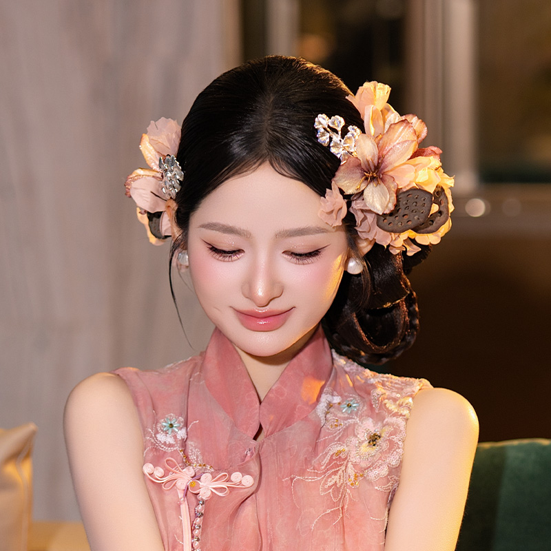 合金布艺婚庆饰品 新中式新娘发饰手工莲蓬烟紫色花朵头饰MC3928