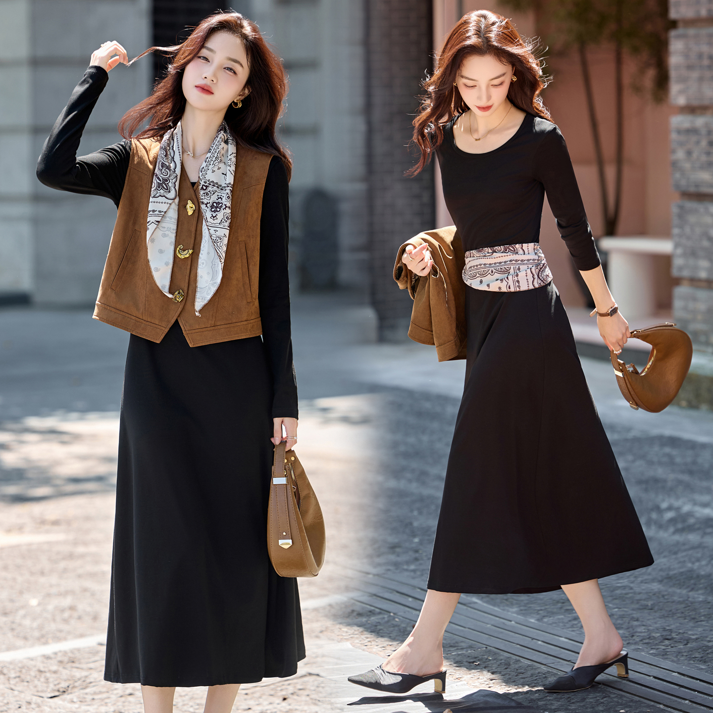 法式复古气质马甲套装裙女2025年秋季新款高级感气质中长裙两件套