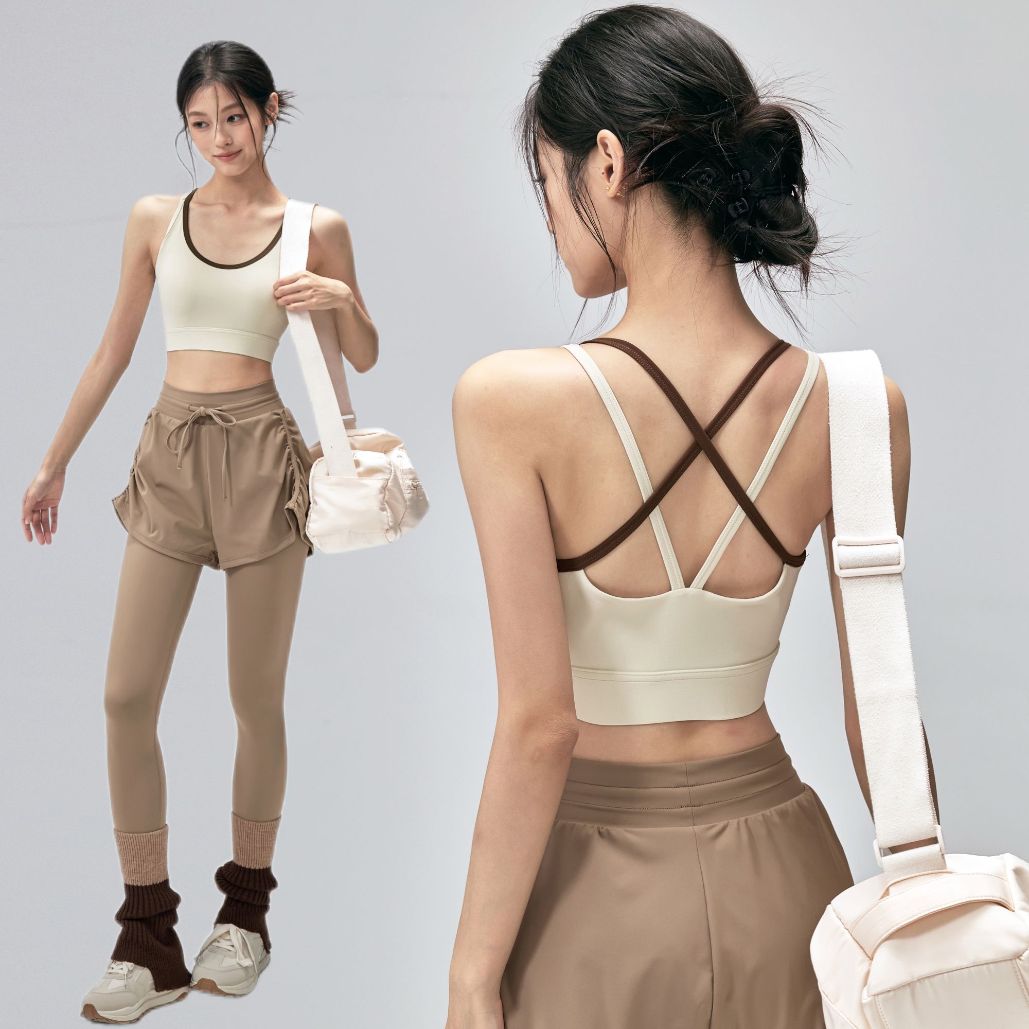 一体式运动内衣女细带美背健身背心秋季跑步防震速干瑜伽服套装