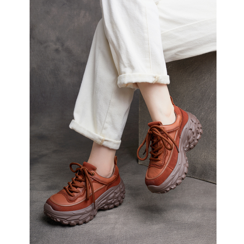 2025秋季新款真皮系带时尚厚底鞋榴莲底休闲轻便老爹鞋运动鞋女款
