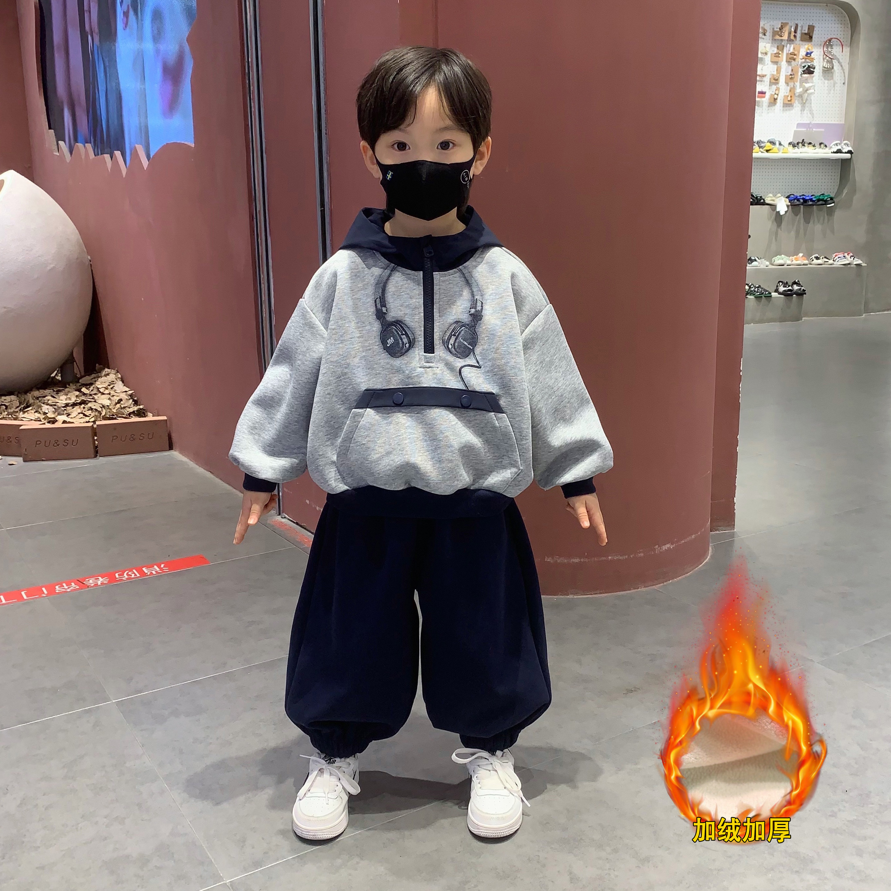 男童卫衣加绒套装2025新款帅气时髦宝宝男孩韩范痞帅衣服儿童冬装