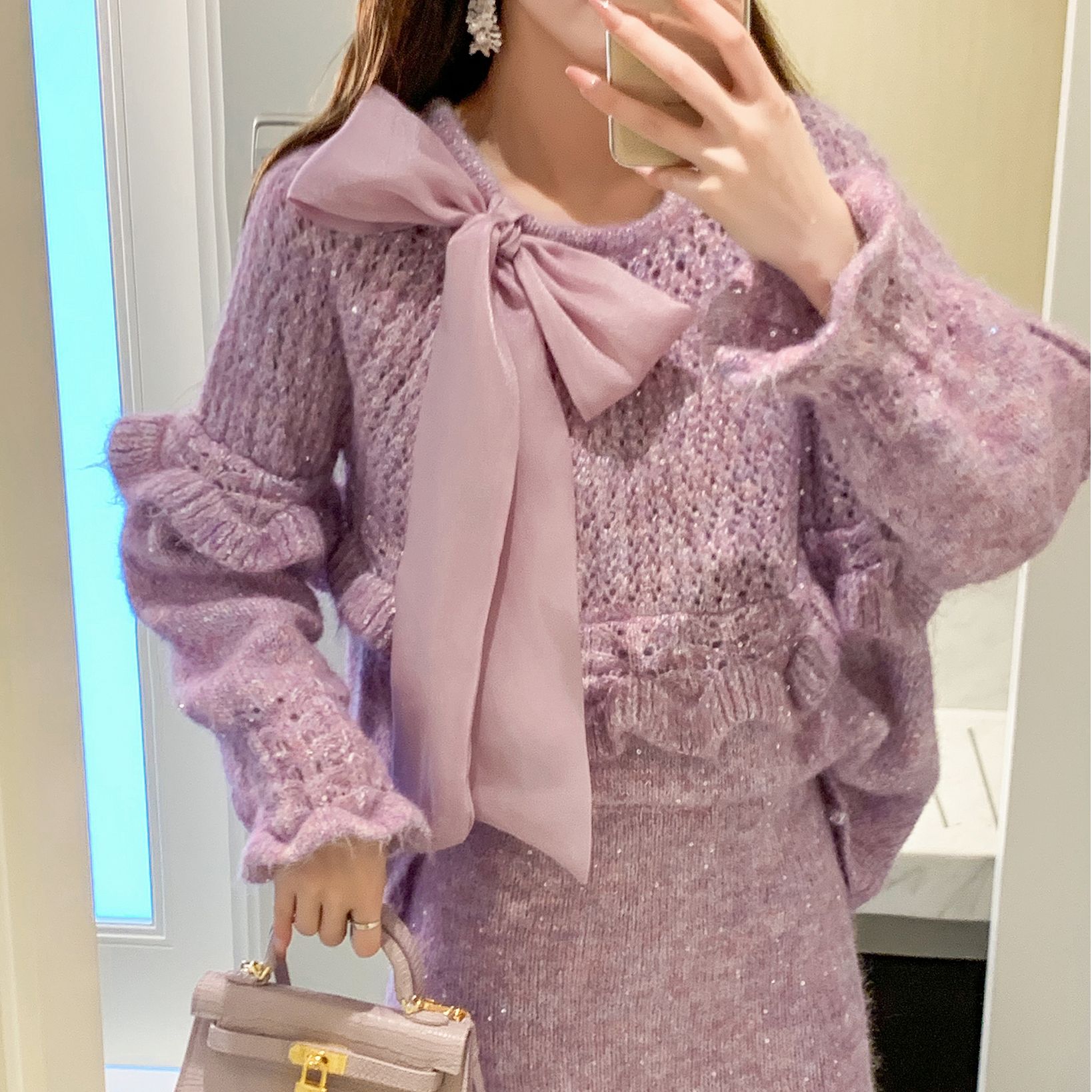 艾日秀宽松甜美软糯蝴蝶结荷叶边设计中长款上衣+半身裙套装G0570