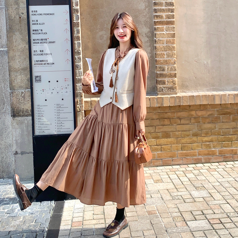 洋气减龄系带领长袖小个子套装女2025秋新款小香风马甲两件套裙子