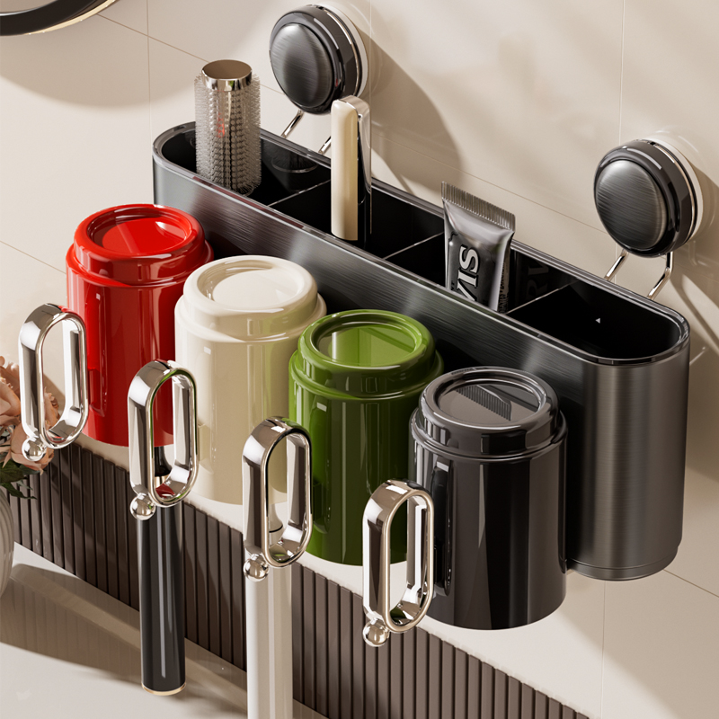 吸盘牙刷杯子置物架不锈钢壁挂式免打孔卫生间洗漱杯收纳牙膏架子