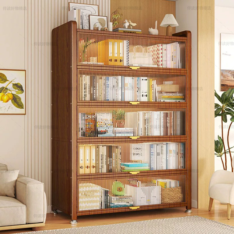 钢制防尘书柜一体靠墙胡桃木储物柜儿童书架落地置物架带门收纳柜