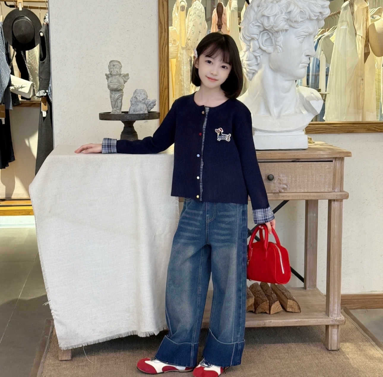 韩系时髦套装2025新秋款针织圆领开衫毛衣牛仔裤两件套