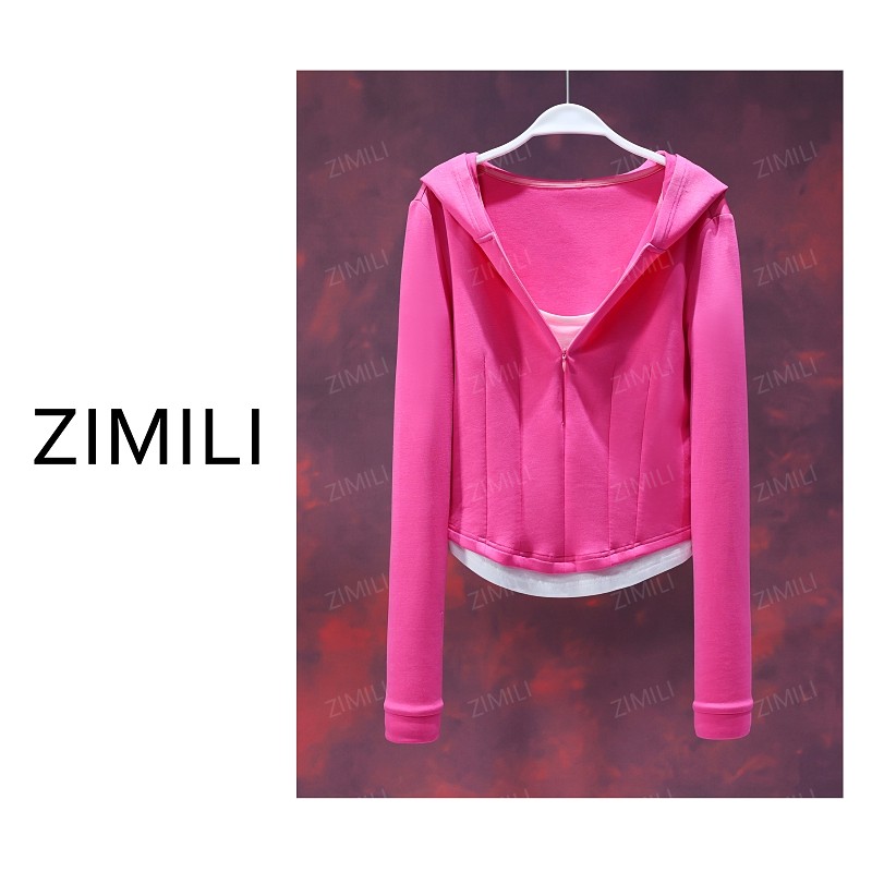 【亮哥女装】2025秋冬《晚霞》洋红色半拉链假两件连帽上衣5325-A0