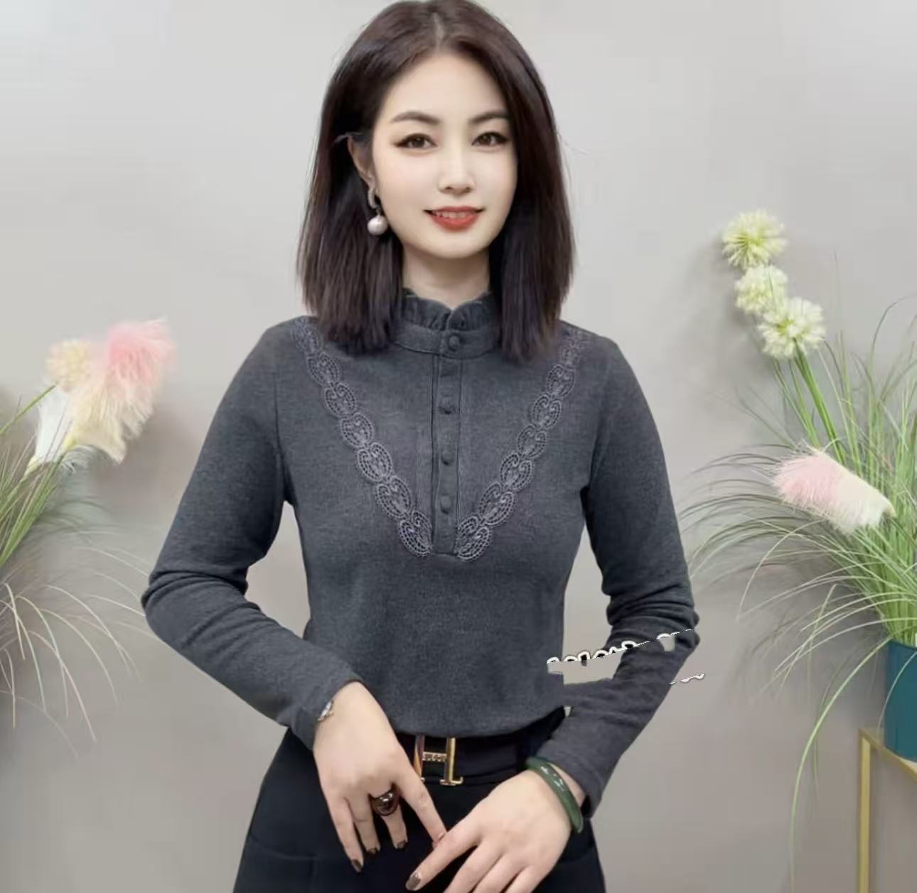 YBB2576冬季上新纯色刺绣花边领款气质百搭衬衫