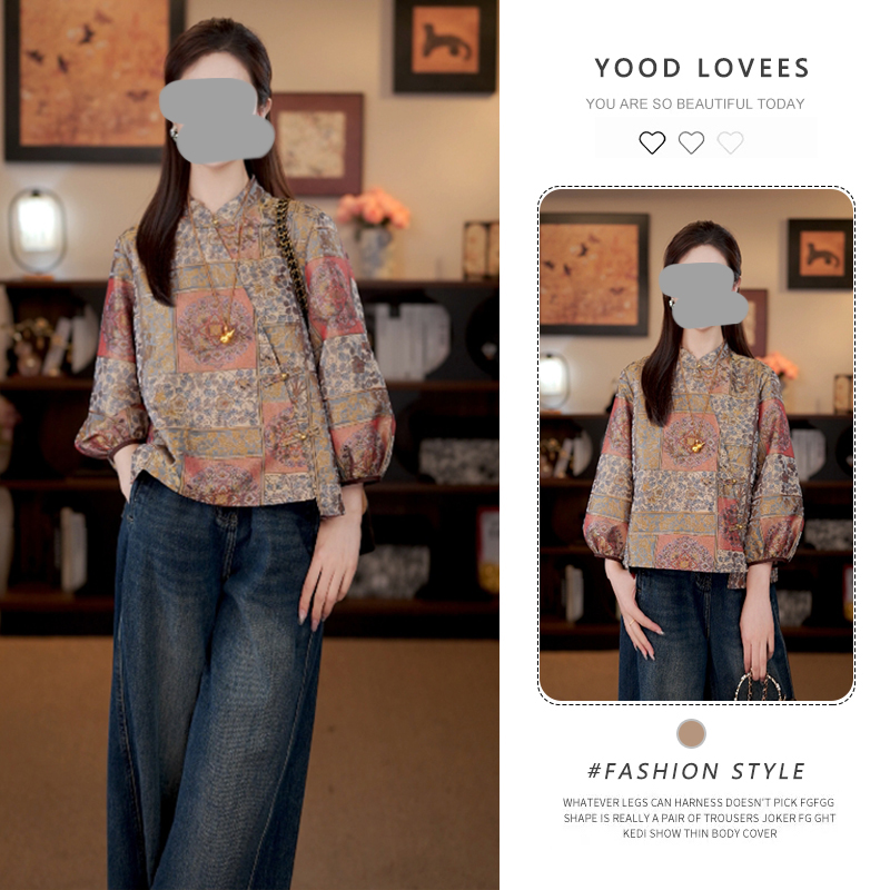 新中式国风小衫女2025春秋新款复古小众设计感提花气质立领衬衫潮