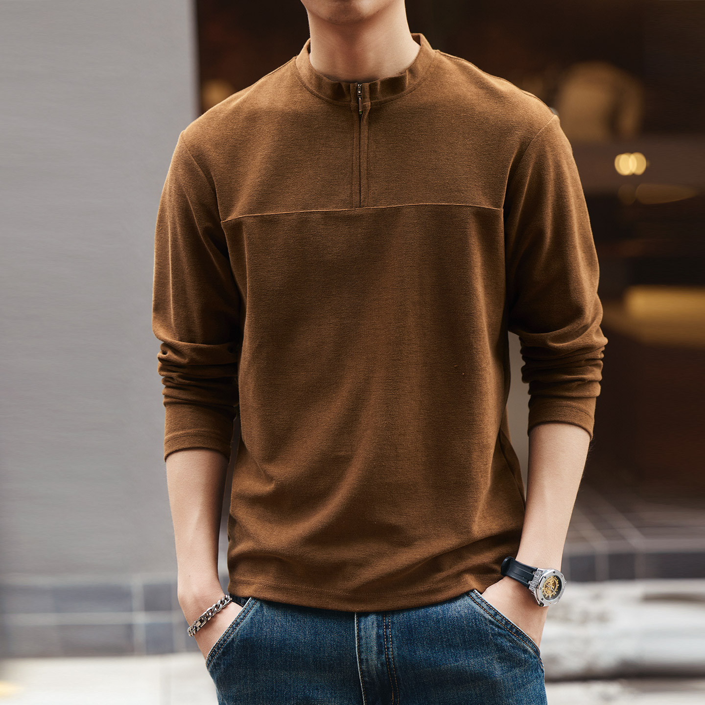 格蓝鹿美式复古莱赛尔亲肤柔软长袖t恤男款2025秋季半拉链打底衫