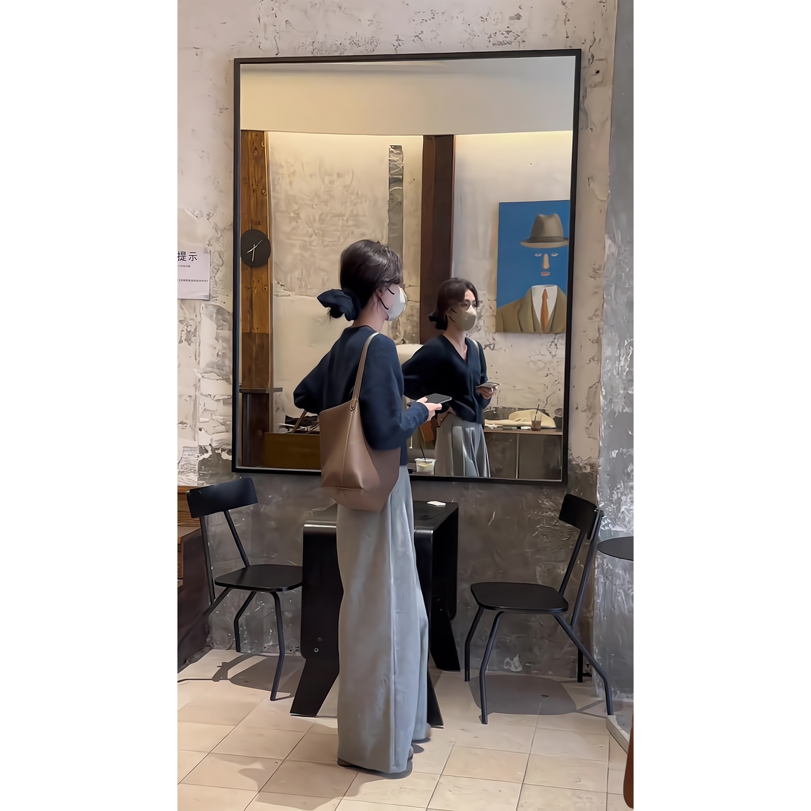 秋冬韩系极简风深蓝色毛衣V领设计短款上衣休闲裤宽松百搭阔腿裤