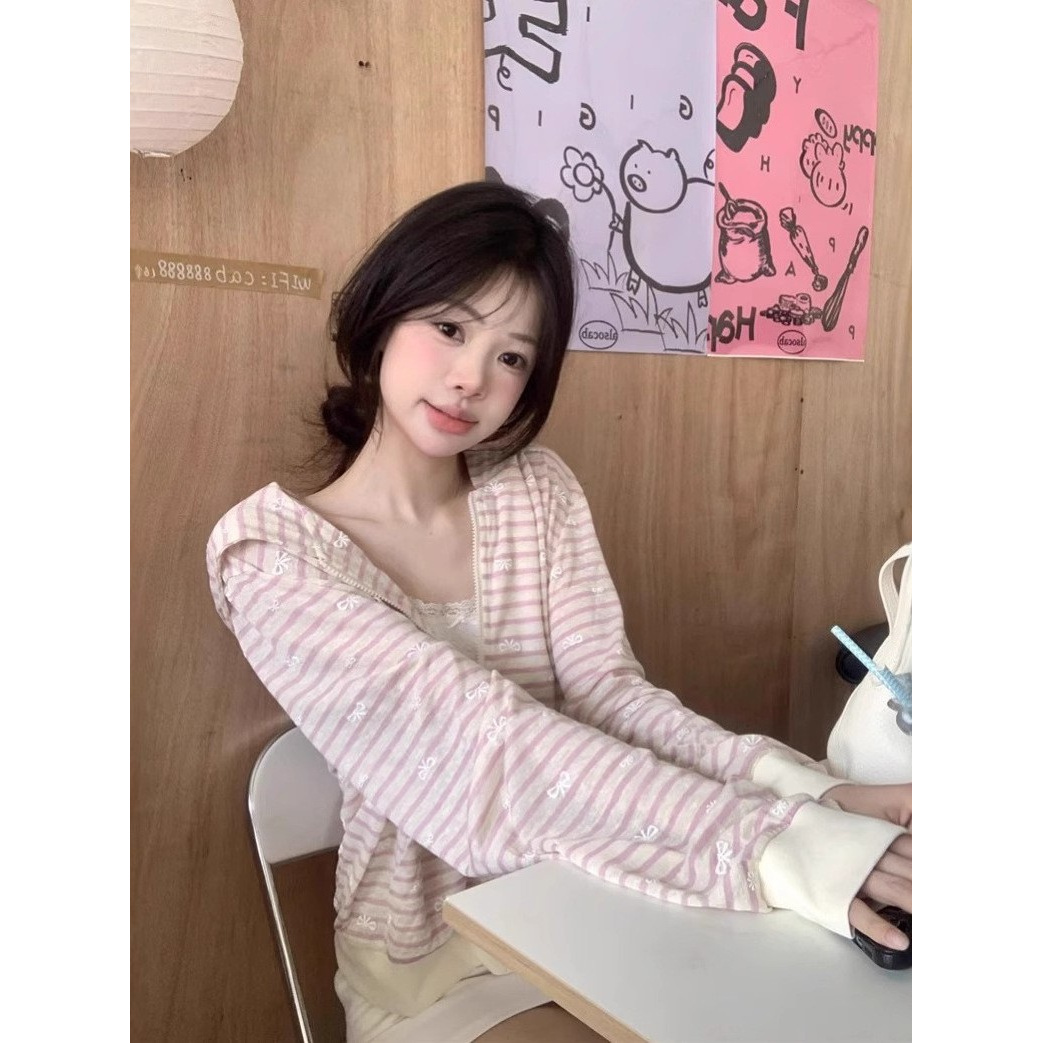 温柔甜美风条纹连帽长袖外套女装夏季休闲减龄蝴蝶结印花开衫上衣