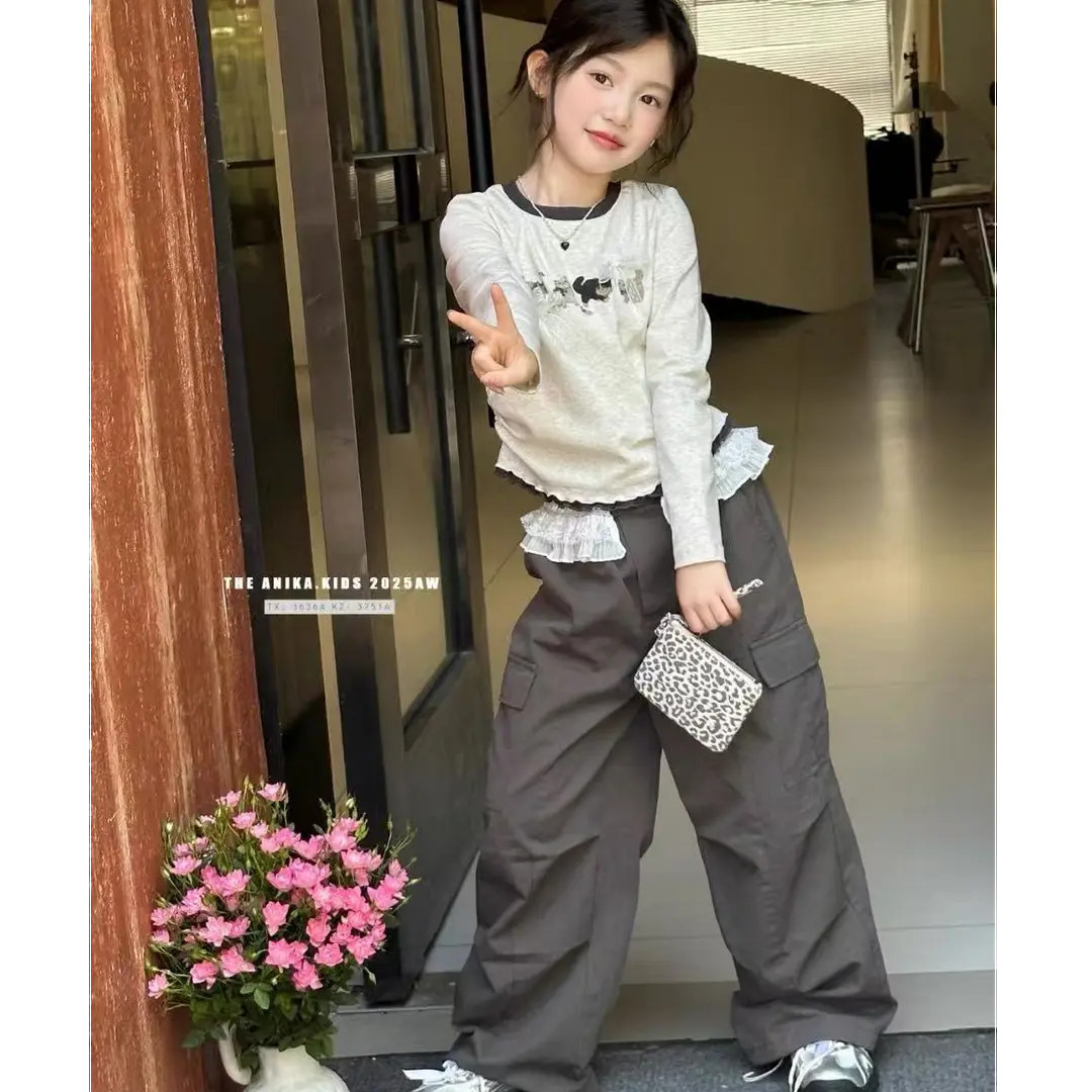 女童秋季新款套装洋气蝴蝶结长袖上衣花边工装裤女宝宝两件套