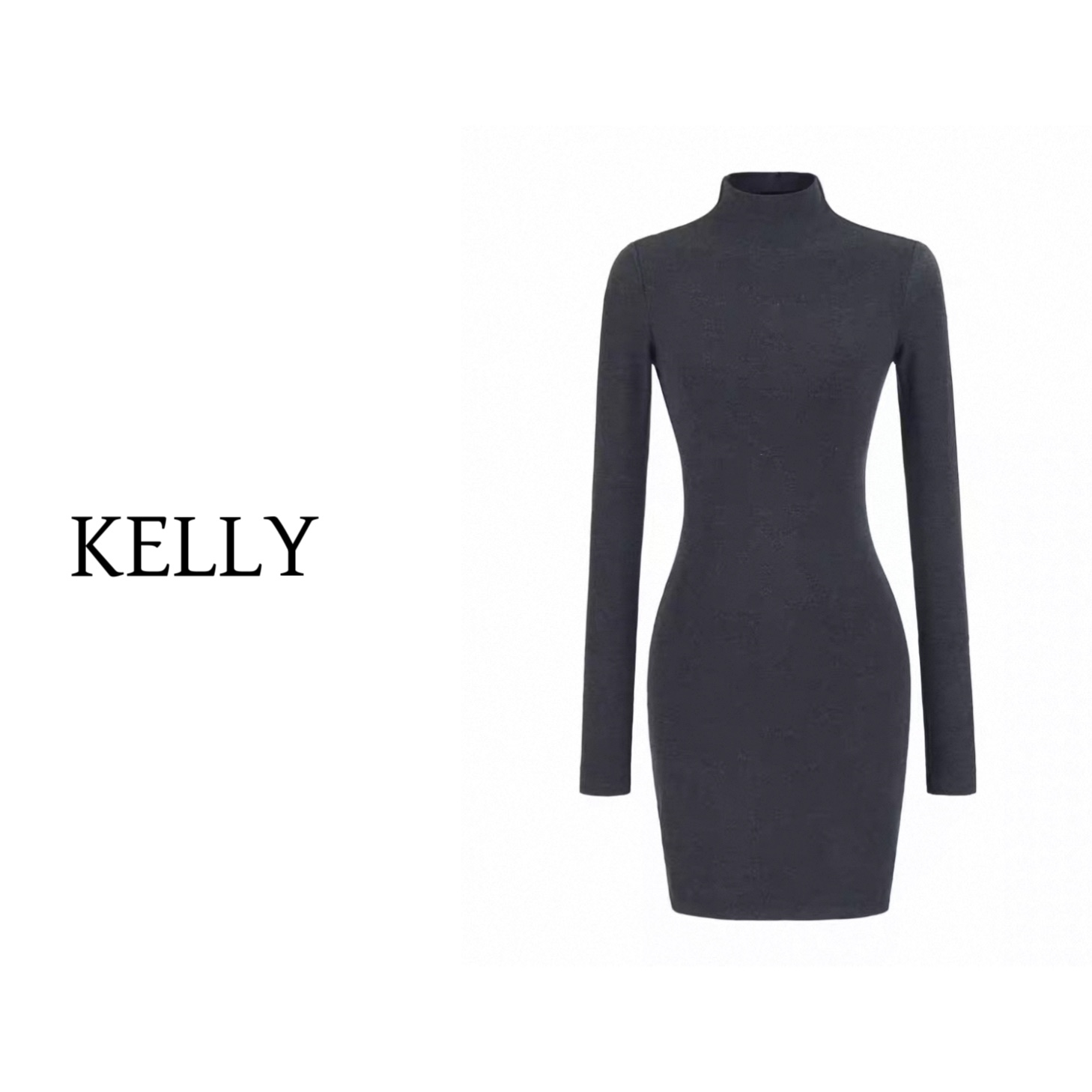 KELLY/太辣啦/秋冬半高领气质加绒连衣裙/修身高弹百搭包臀裙