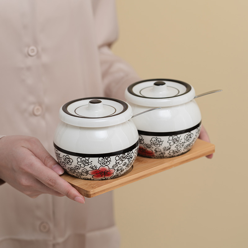 新款中式手绘梅花陶瓷调味罐家用调料储存罐厨房调料收纳神器