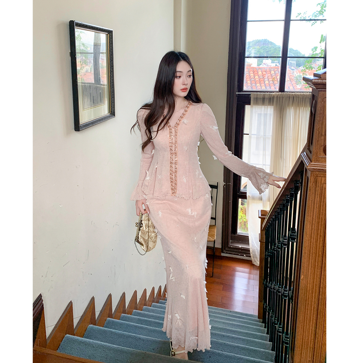 GERTCOREL2025新款秋季轻奢高级感立体绣花小衫长裙千金穿搭套装