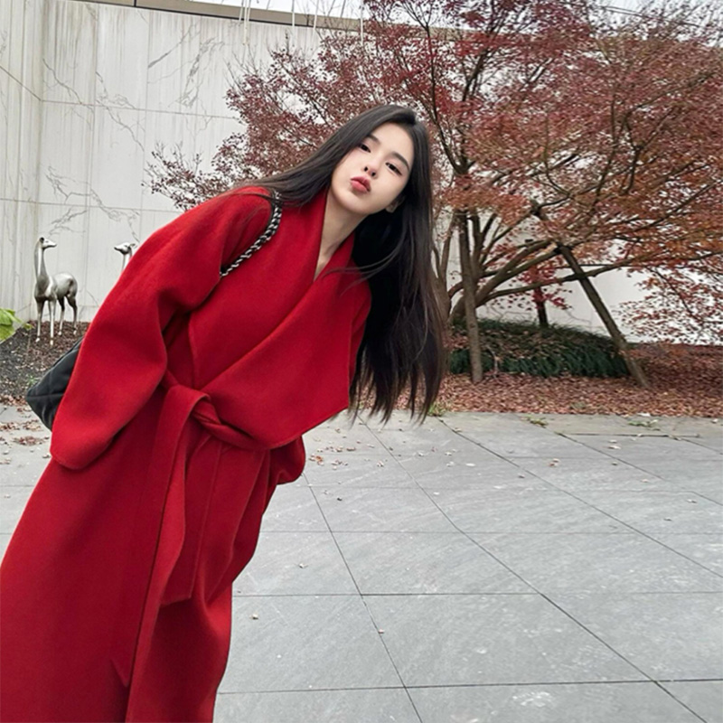 红色双面呢子大衣女秋冬季新款中长款赫本风结婚新娘气质毛呢外套