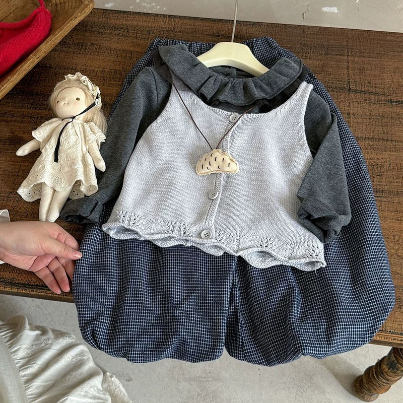 女童针织背心2025秋季新品韩版宽松马甲叠穿荷叶领打底格子灯笼裤