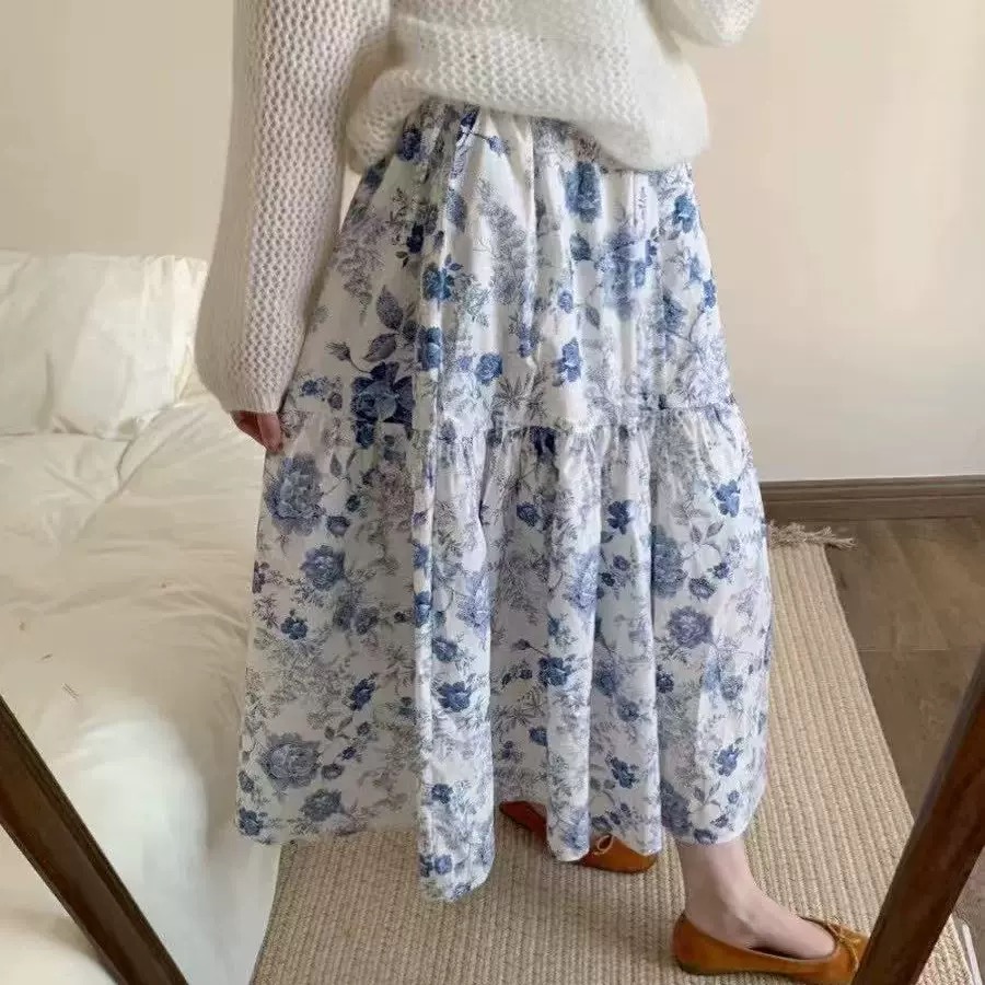 水墨画印花拼接a字大摆裙春秋新款简约高级感小清新中长款半身裙