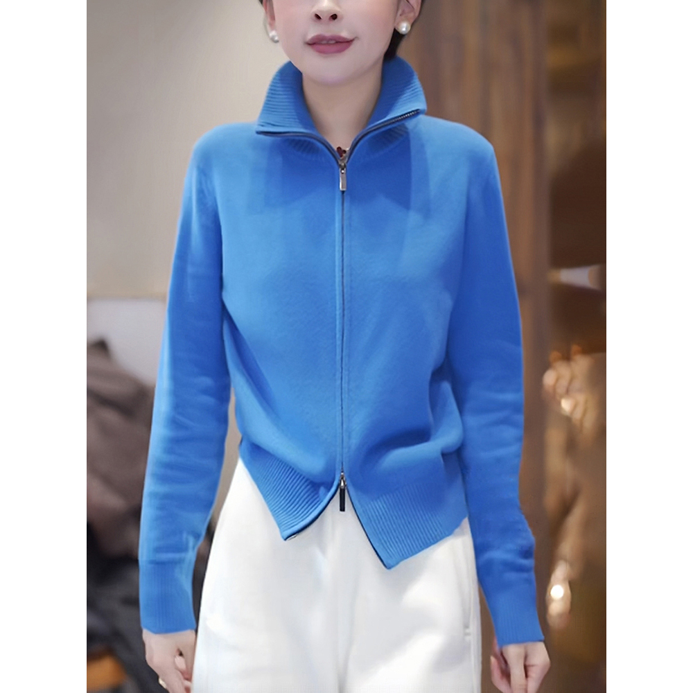 蓝色高领毛衣外套女秋冬慵懒高级感洋气减龄显瘦拉链针织开衫上衣