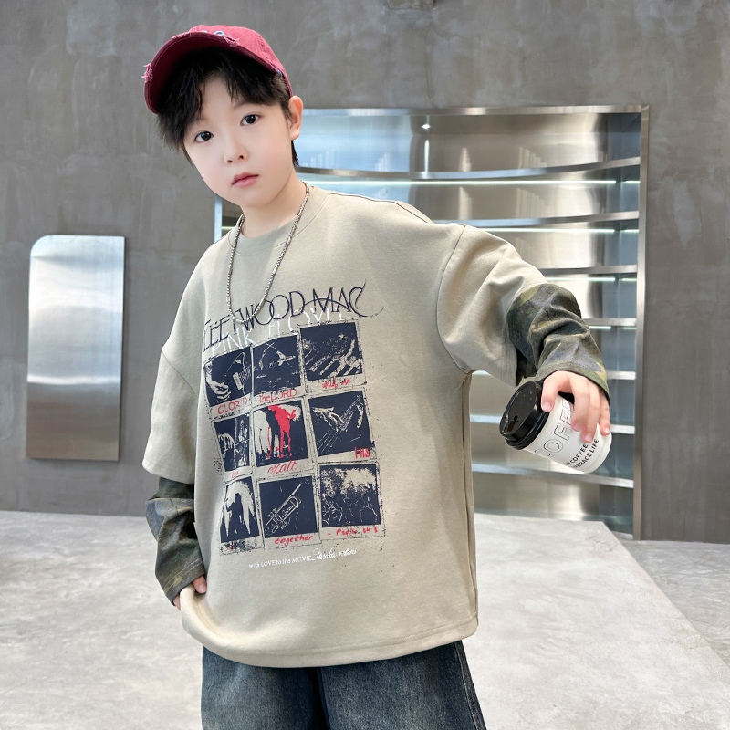 男童春秋款时髦帅气假两件打底衫2025新款中大童拼接宽松上衣卫衣