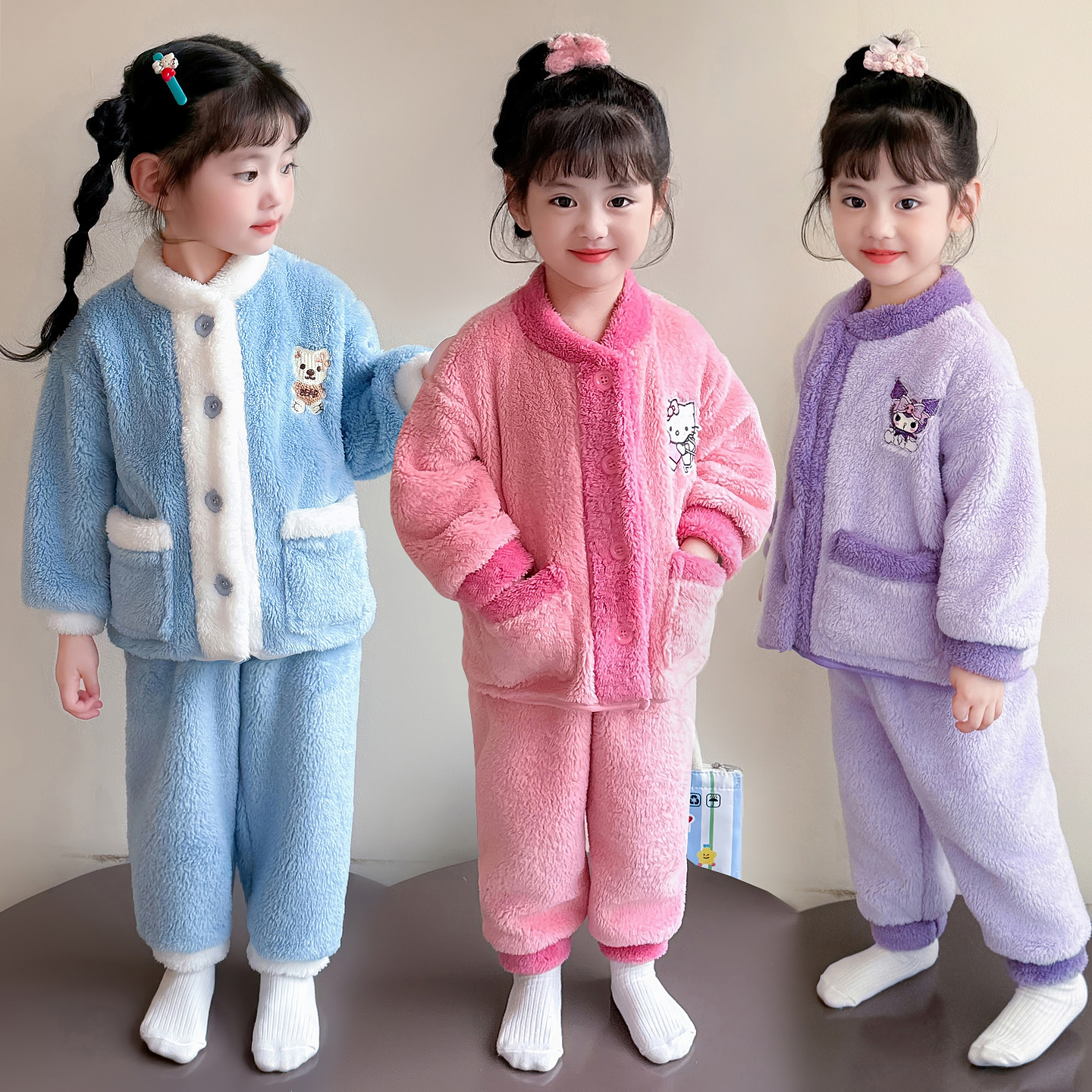 女童睡衣秋冬季法兰绒儿童加厚保暖珊瑚绒卡通女孩冬天家居服套装