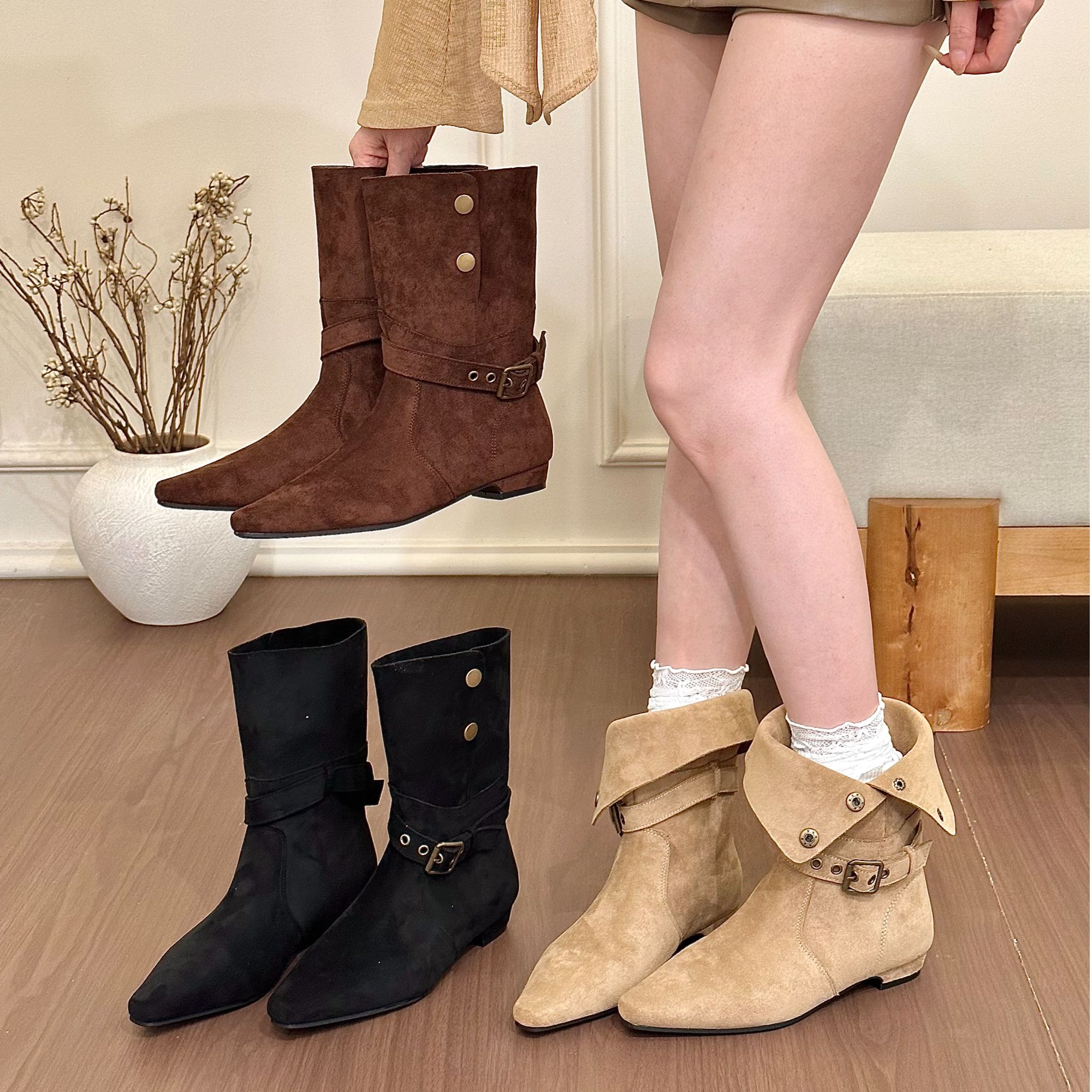 法式复古小裸靴2025秋冬季新款一靴两穿绒面西部堆堆靴女翻折短靴