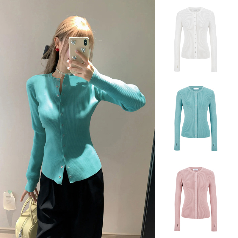 Moses Queen/魔西女王薄荷绿针织开衫女春秋显瘦温柔气质长袖上衣