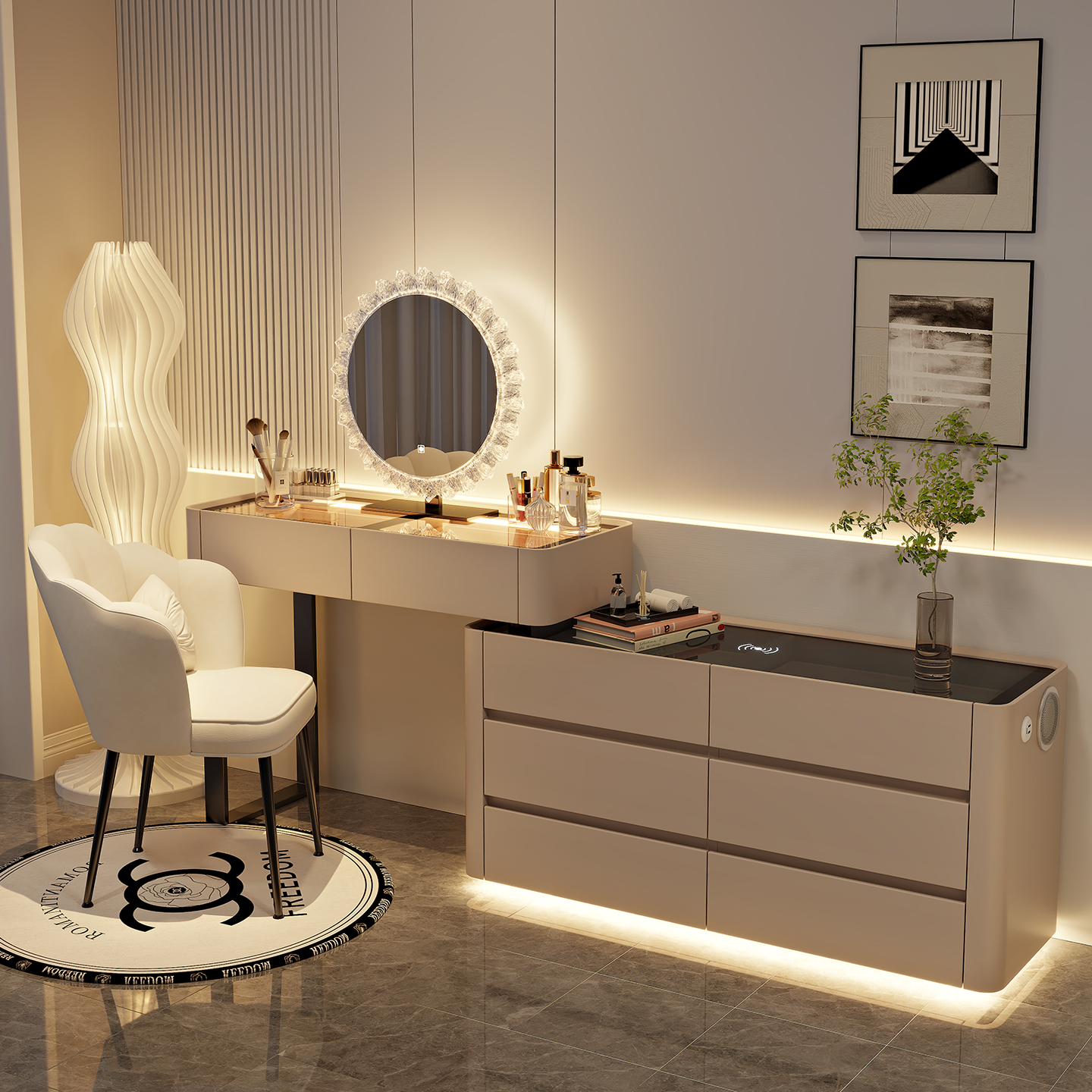 新款实木智能梳妆台现代简约奶油风转角化妆桌斗柜一体2025新款桌