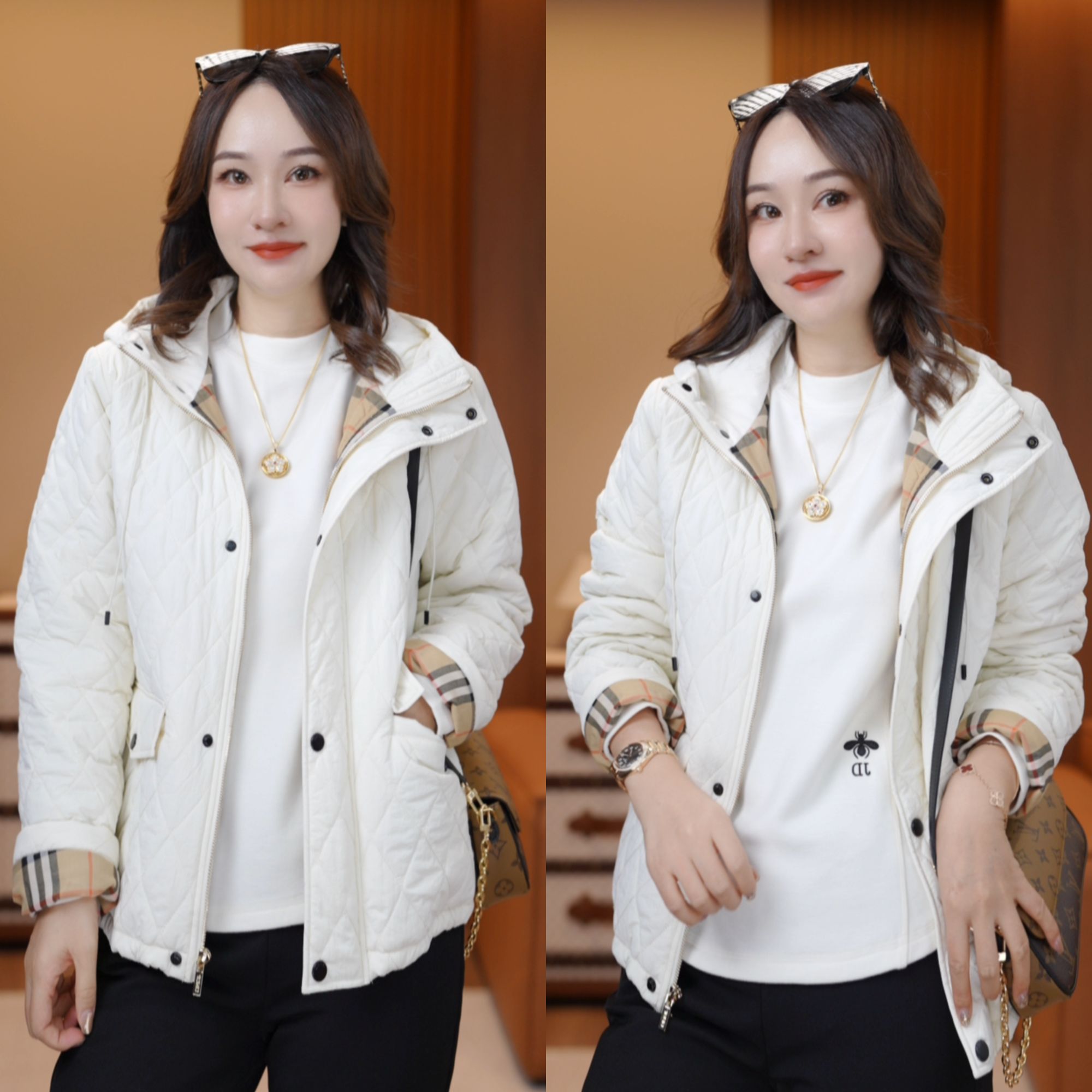 JDND轩羽【拼接棉服】羊毛撞色外套连帽菱形格加厚冲锋衣XY25699