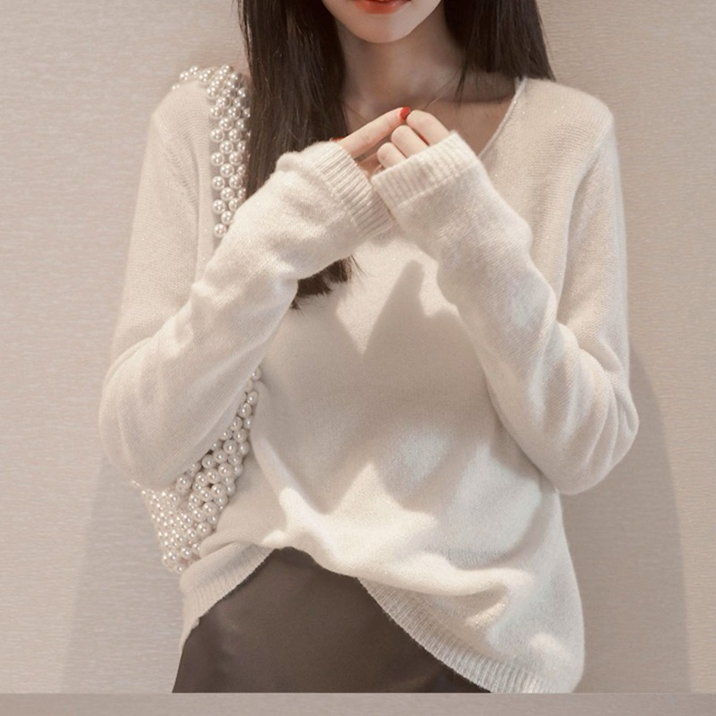 轻奢时尚宽松V领亮片针织衫女韩版套头毛衣显瘦纯羊毛打底衫2309