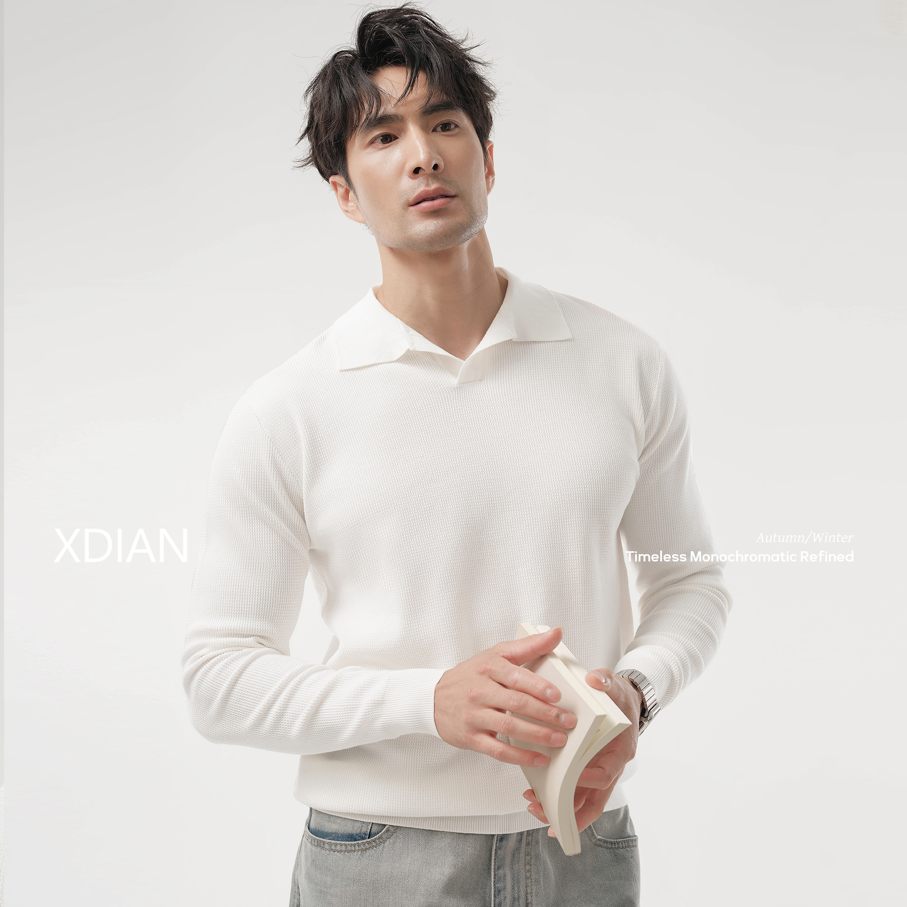 XDIAN/续点天然奢华抗起球针织衫长袖海鸥领上衣华夫格毛衣秋季男