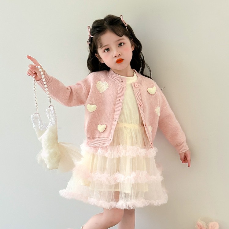 秋季爱心开衫毛衣薄款长袖蕾丝公主裙女童6-12岁潮款高端
