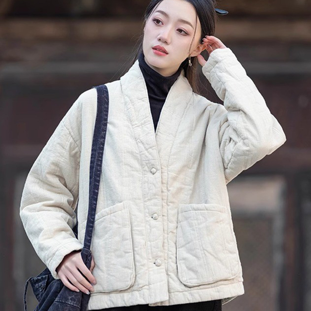 新中式棉服女2025年新款冬季棉麻夹棉外套 V领盘扣覆古中国风棉袄