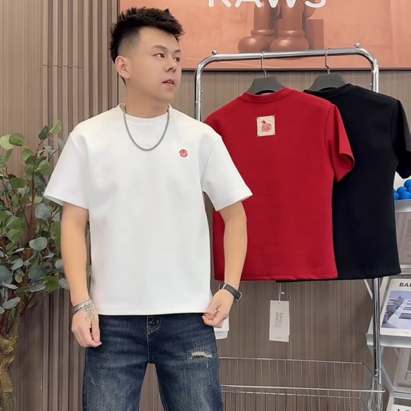 爆款潮牌本命年红色骏马印花纯棉短袖T恤圆领男士时尚百搭上衣