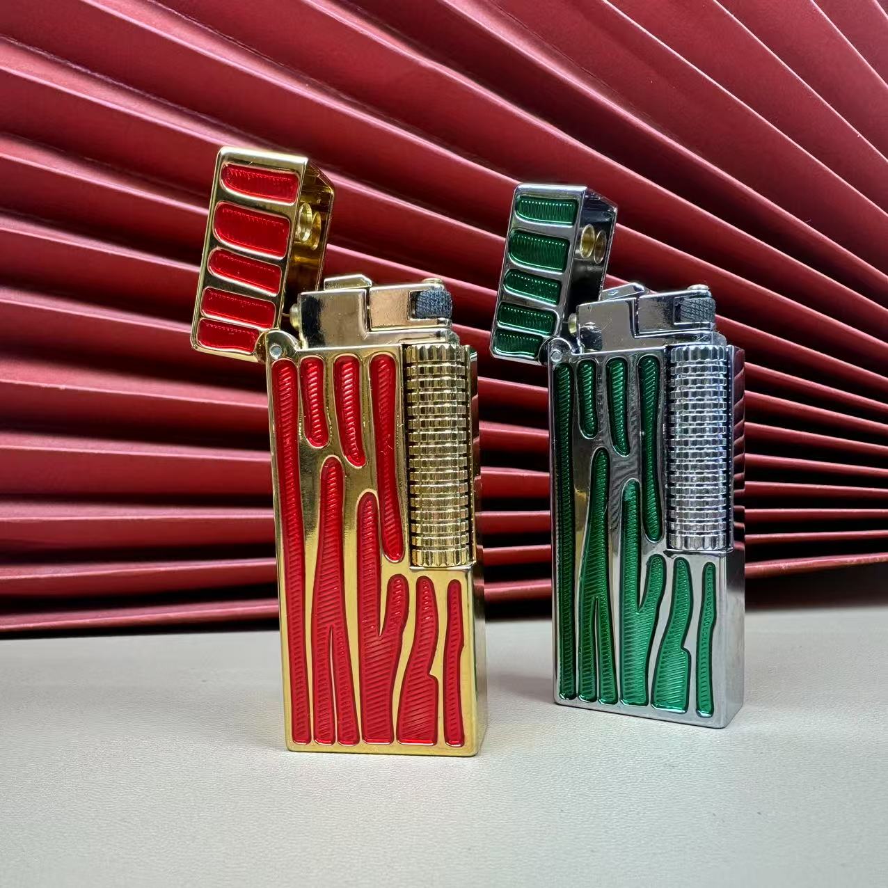 窄版打火机绿色侧滑条纹设计高端男士礼品高档创意点火个性点烟器