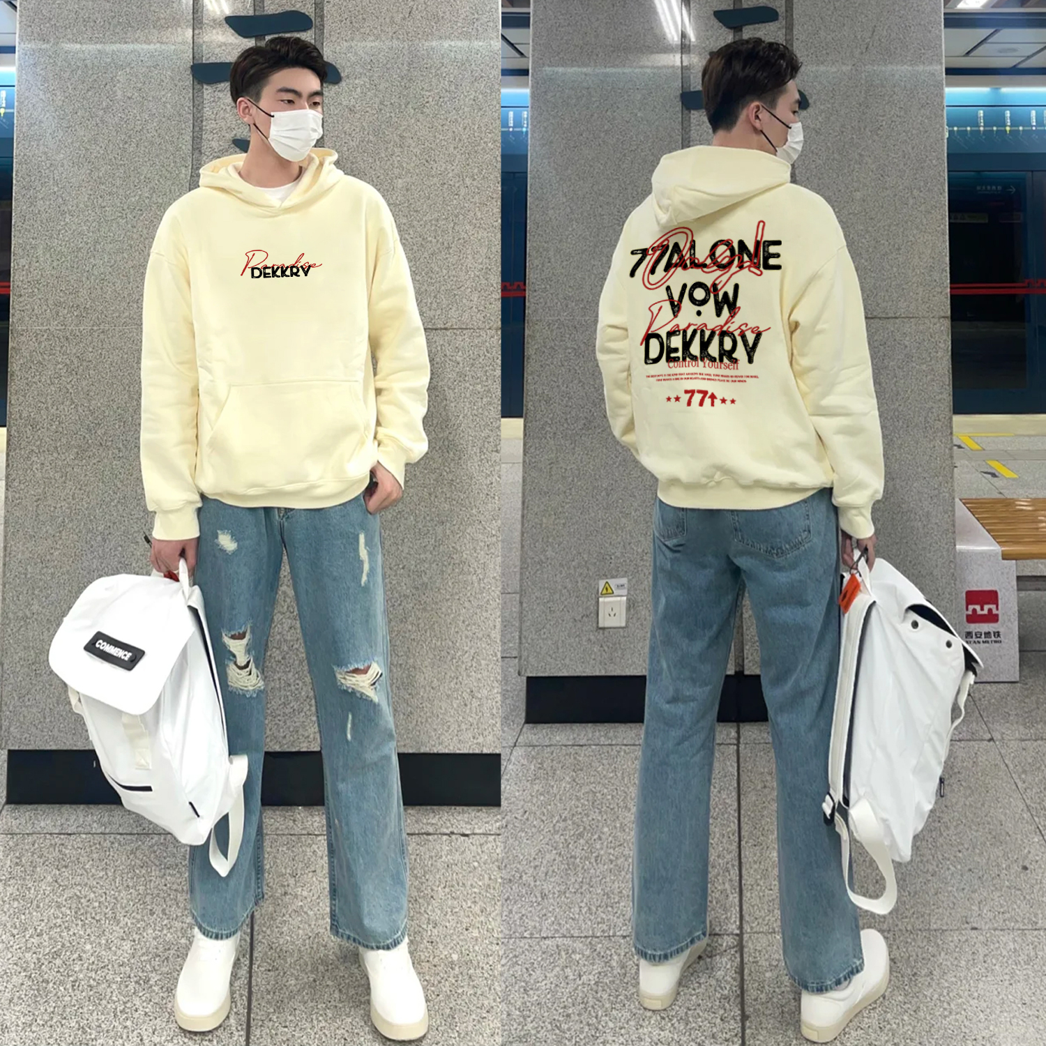 美式复古设计感字母印花杏色连帽卫衣男女秋冬季百搭休闲情侣上衣