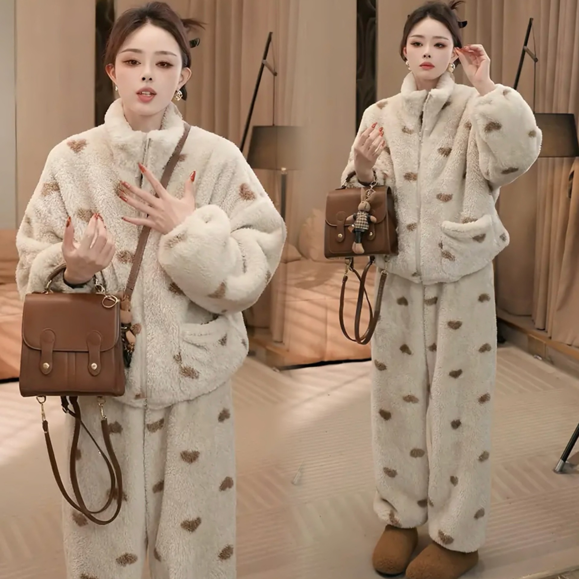 极简风宽松加厚保暖立领爱心印花睡衣套装女秋冬新款居家服两件套