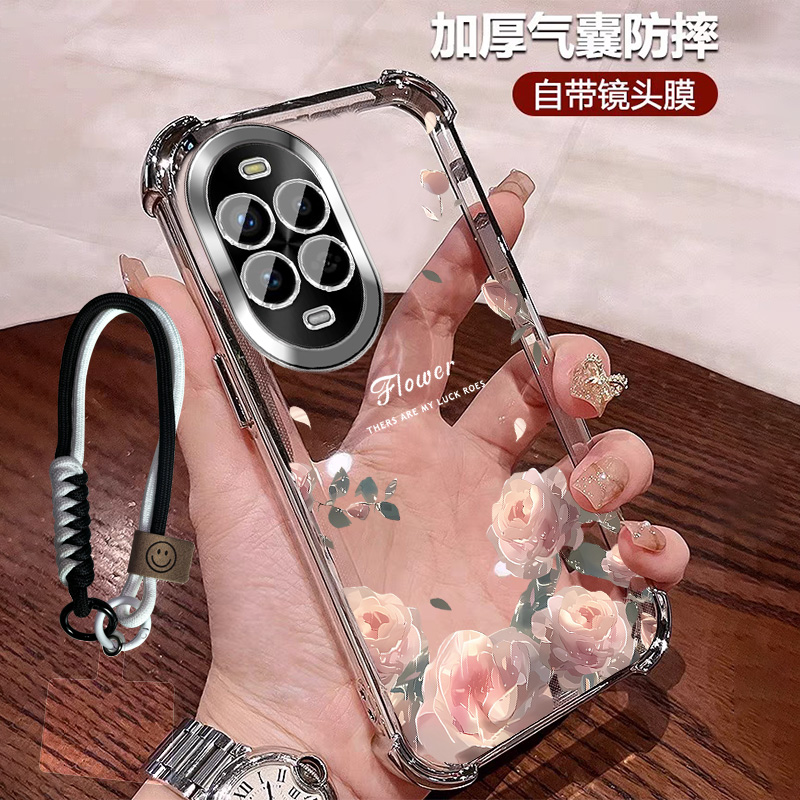 玫瑰花适用华为nova13pro手机壳防摔透明nova13硅胶带镜头膜手绳