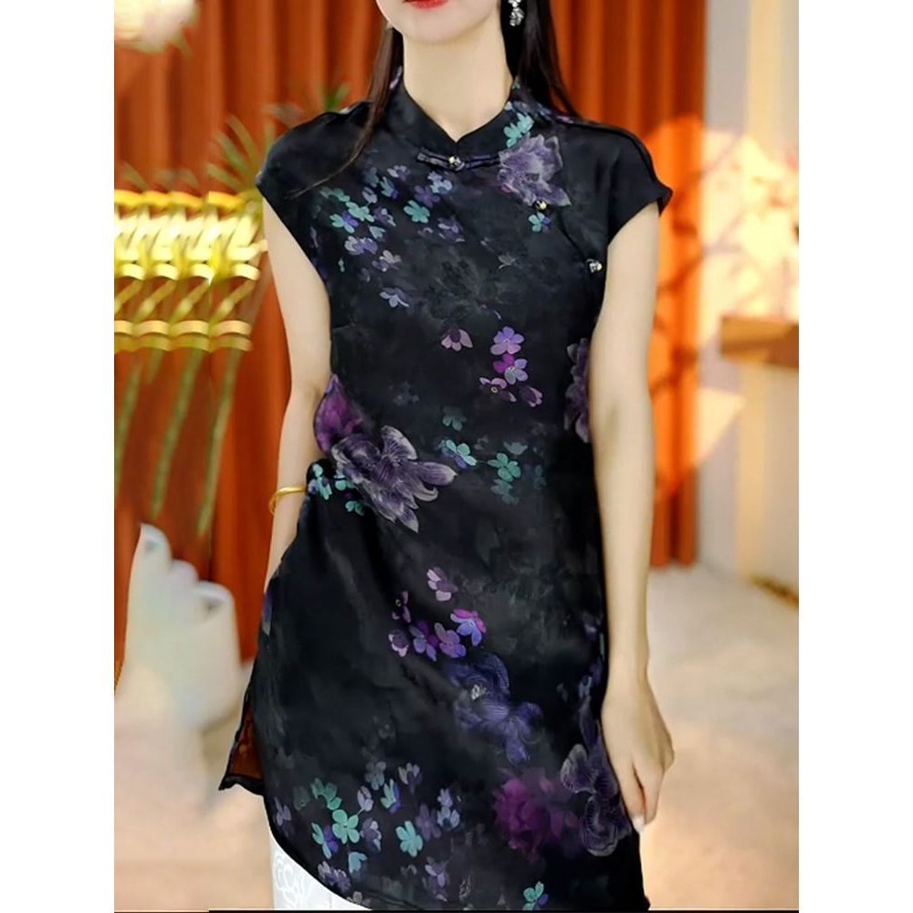 国风气质优雅端庄时尚立领印花衬衫2025夏季新款通勤显瘦短袖上衣